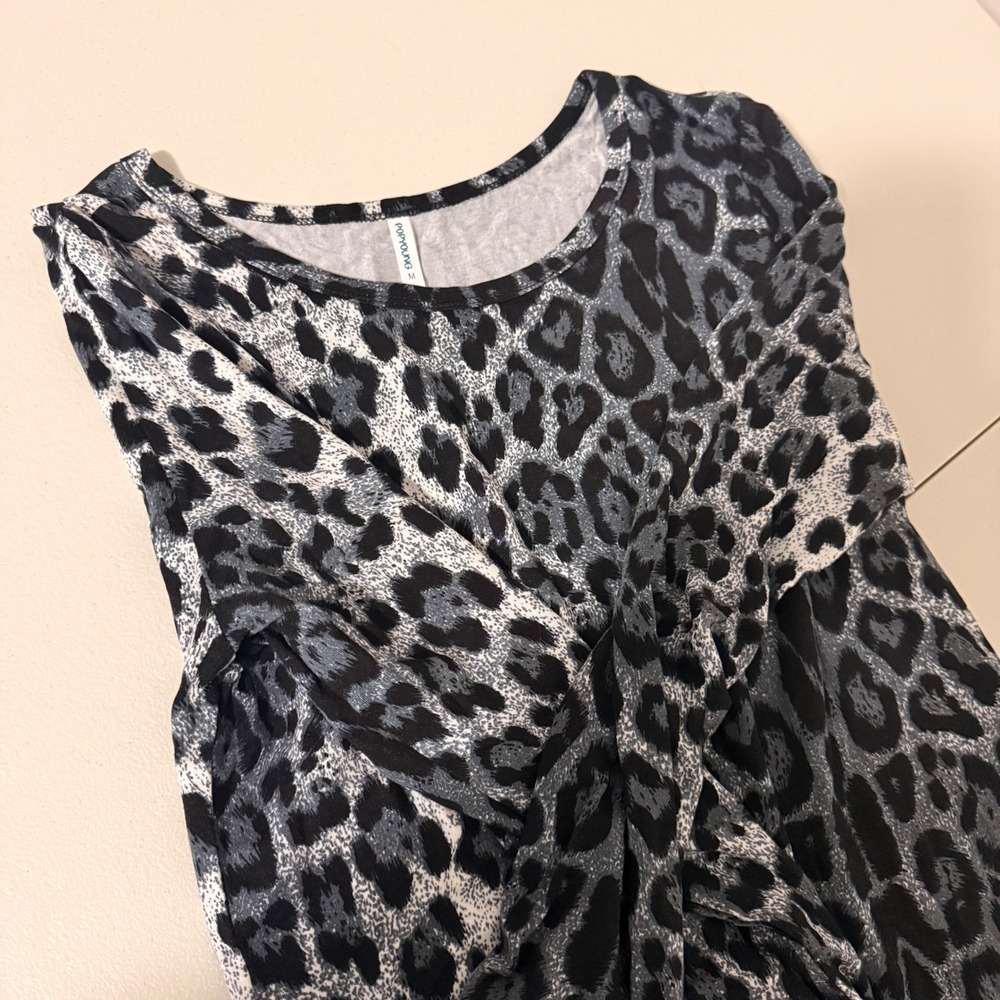 POPYOUNG Women Grey Black Leopard Print Long Sleeve A-Line Swing Dress M